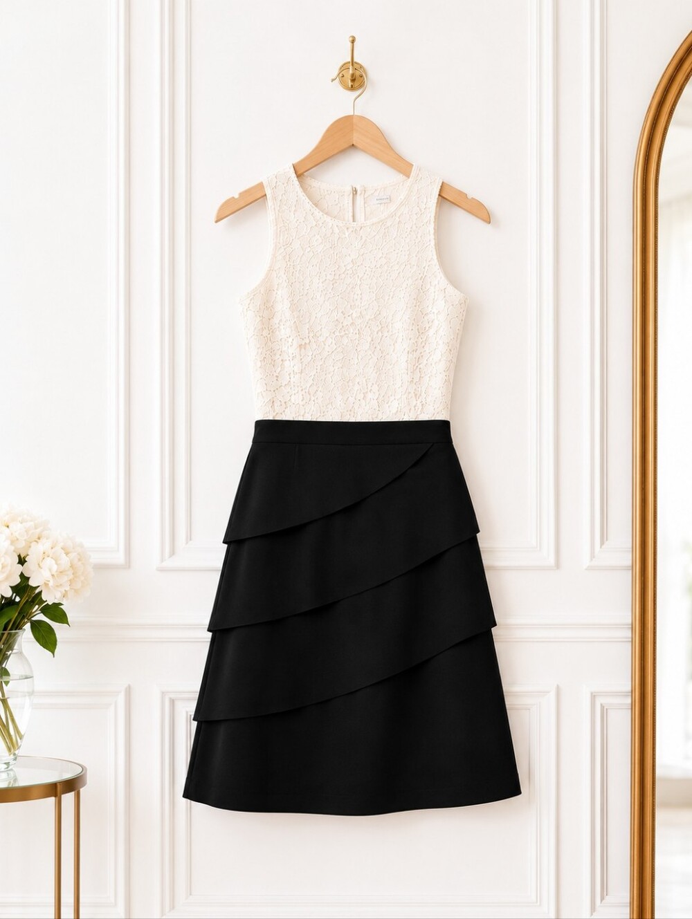Connected Apparel | Lace Bodice Pearl Accent Dress | Size 12 | Black Ivory - Picture 8 of 11